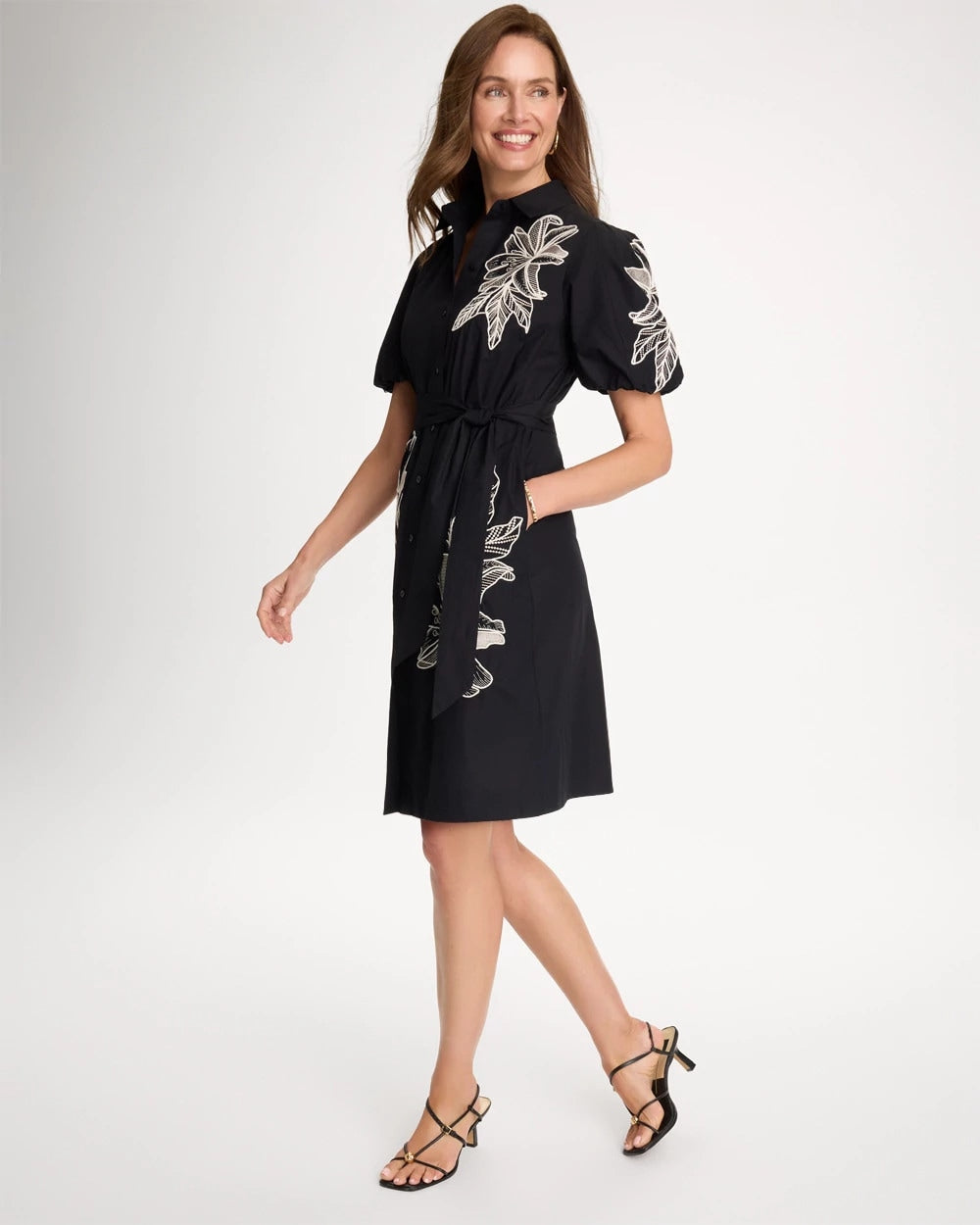 Embroidered Poplin Cotton Belted Dress Black - Chico's