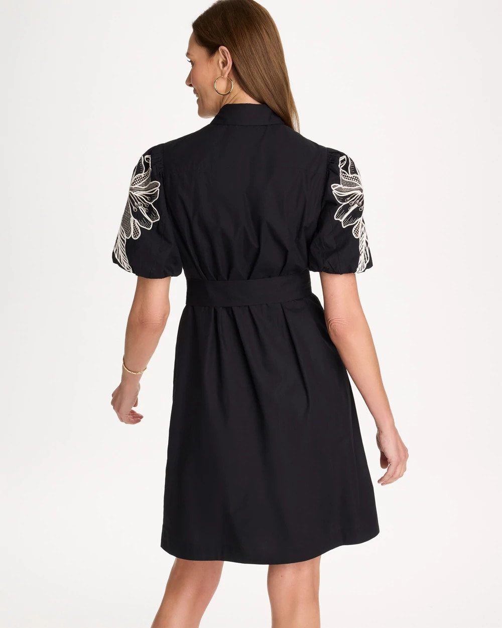 Embroidered Poplin Cotton Belted Dress Black - Chico's