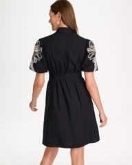 Embroidered Poplin Cotton Belted Dress Black - Chico's