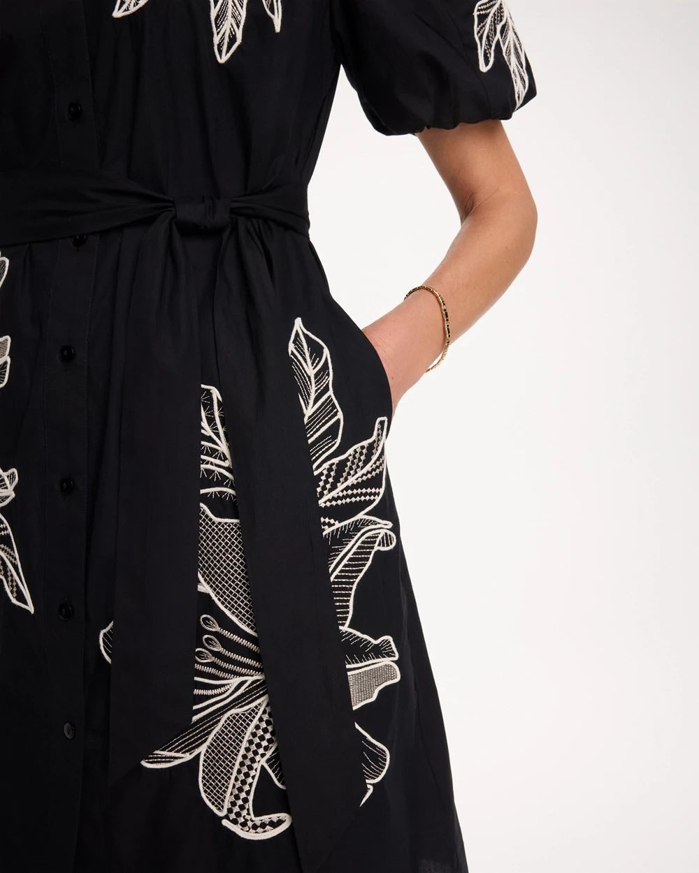 Embroidered Poplin Cotton Belted Dress Black - Chico's