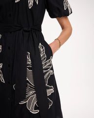 Embroidered Poplin Cotton Belted Dress Black - Chico's