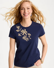 Cotton Stretch Cap Sleeve Embroidered Tee Passport Blue - Chico's