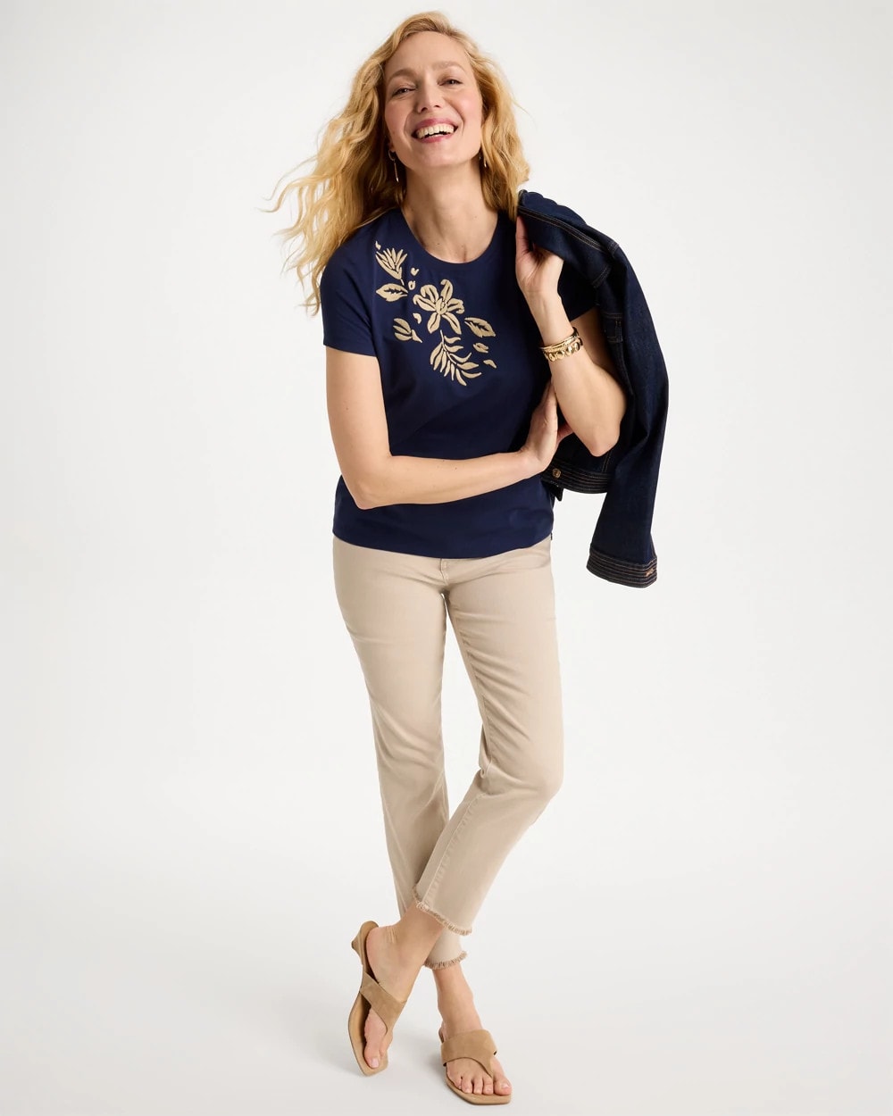 Cotton Stretch Cap Sleeve Embroidered Tee Passport Blue - Chico's