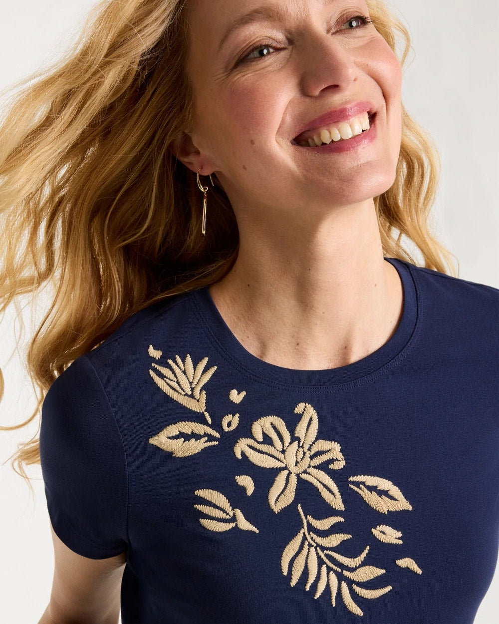 Cotton Stretch Cap Sleeve Embroidered Tee Passport Blue - Chico's