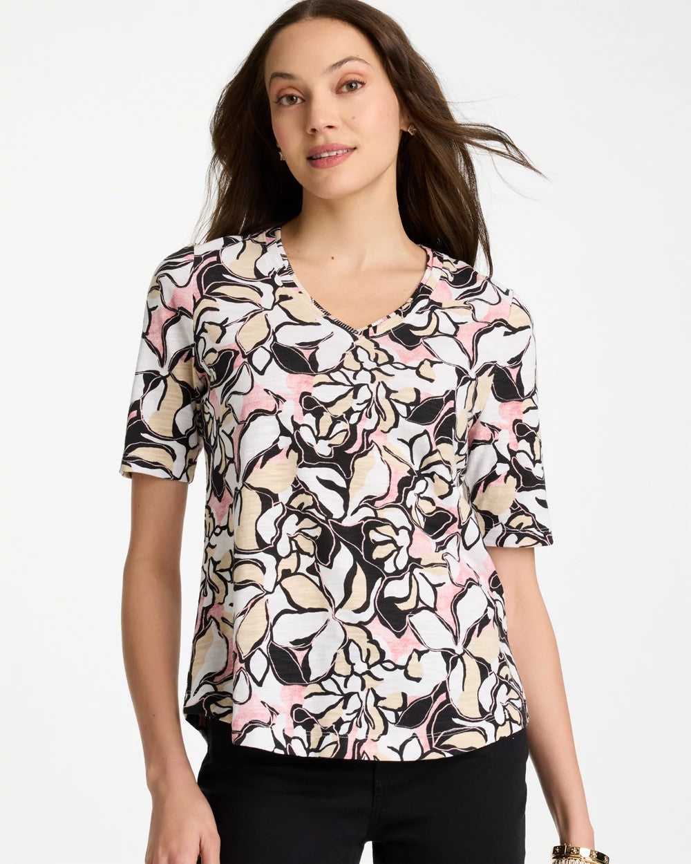 Printed Cotton Slub V-Neck Tee Black - Chico's