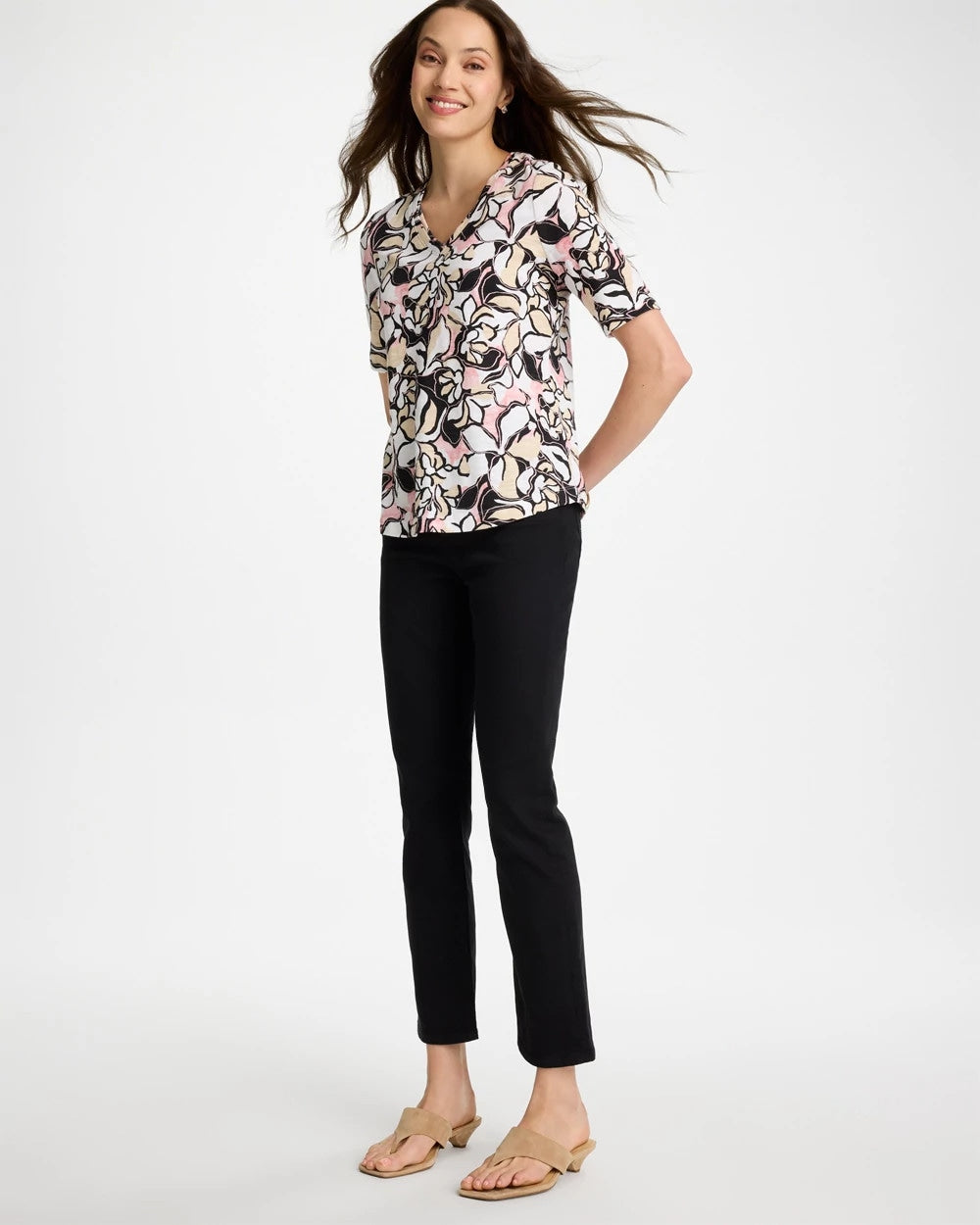Printed Cotton Slub V-Neck Tee Black - Chico's