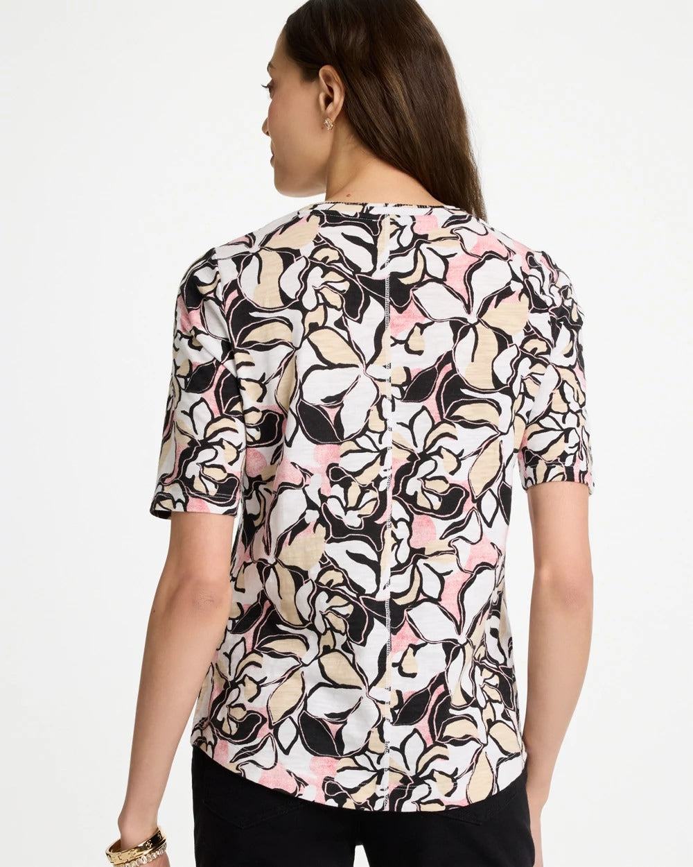 Printed Cotton Slub V-Neck Tee Black - Chico's
