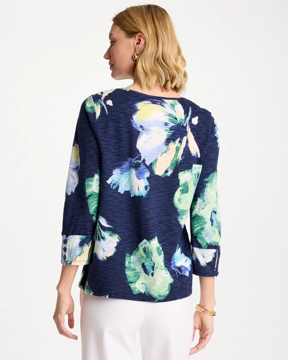 Printed Slub Button Detail Tee Passport Blue - Chico's