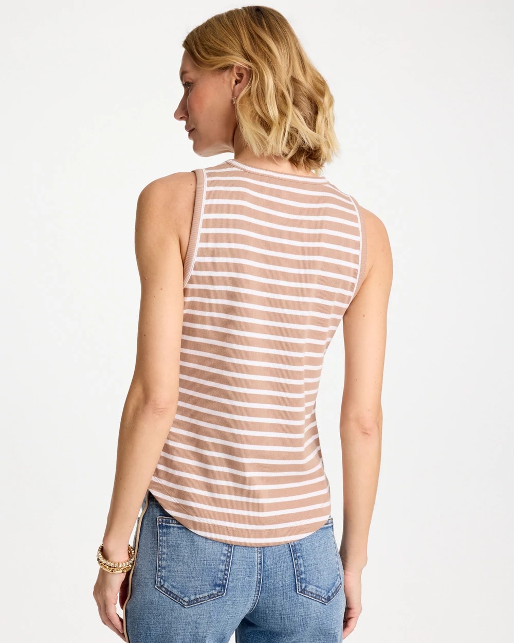 Striped High Neck Rib Tank Cattail Brown - Chico's