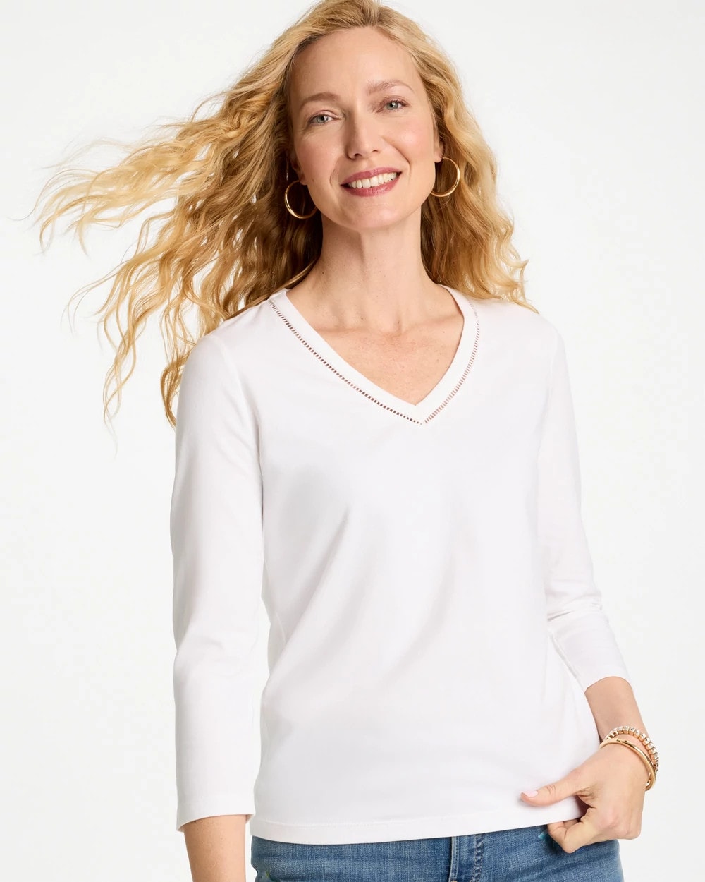Trim Detail Cotton Stretch 3/4 Sleeve Tee Alabaster - Chico's
