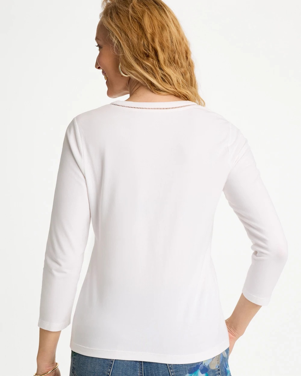 Trim Detail Cotton Stretch 3/4 Sleeve Tee Alabaster - Chico's