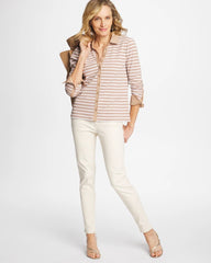 Striped Collared Rib Mix Henley Cattail Brown - Chico's