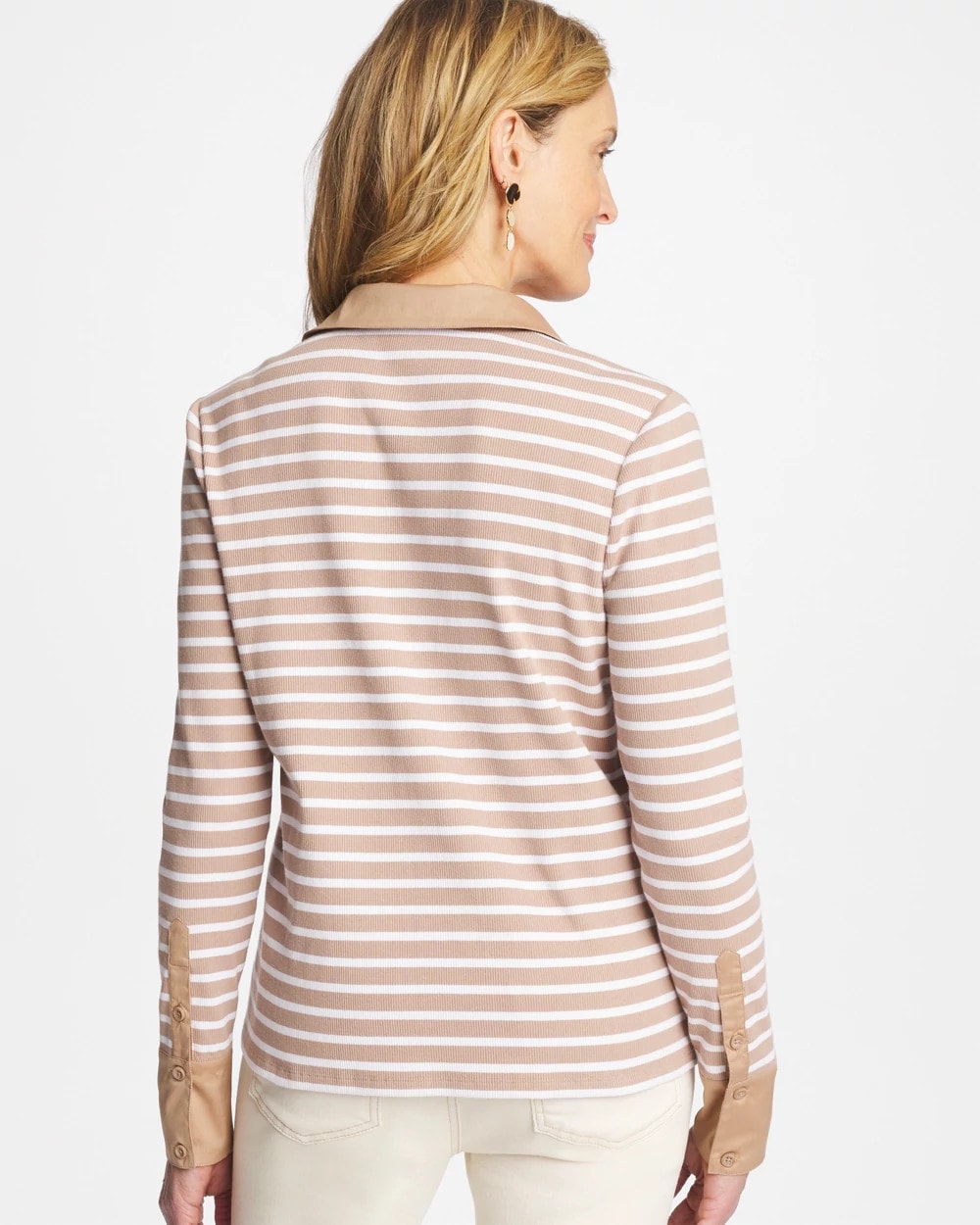 Striped Collared Rib Mix Henley Cattail Brown - Chico's