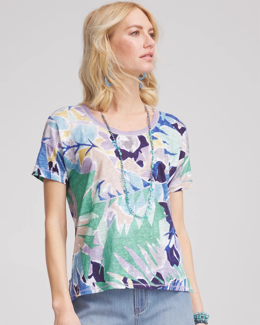 Tropical Nights Sweater-Trim Linen Tee Blue Casa - Chico's