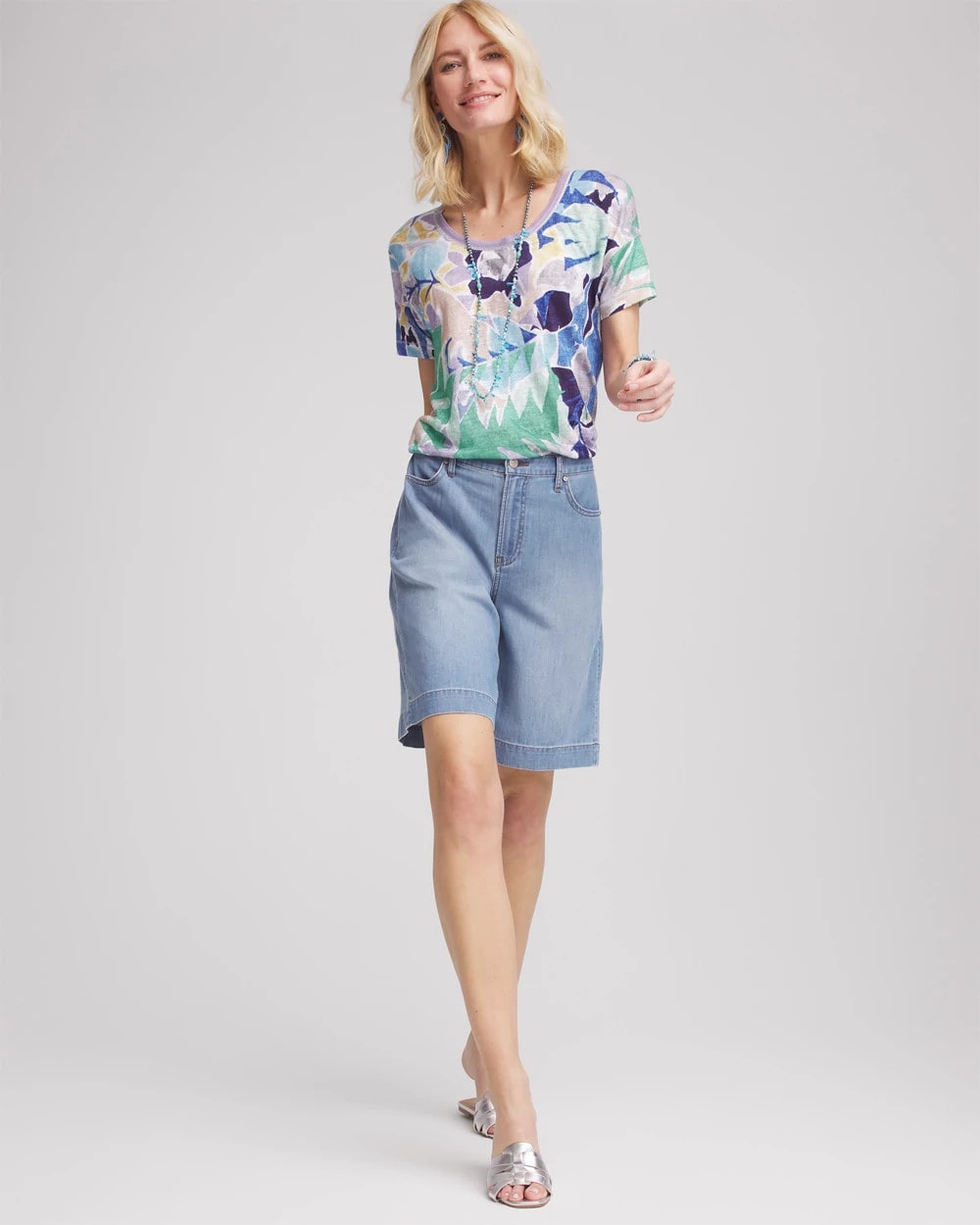 Tropical Nights Sweater-Trim Linen Tee Blue Casa - Chico's