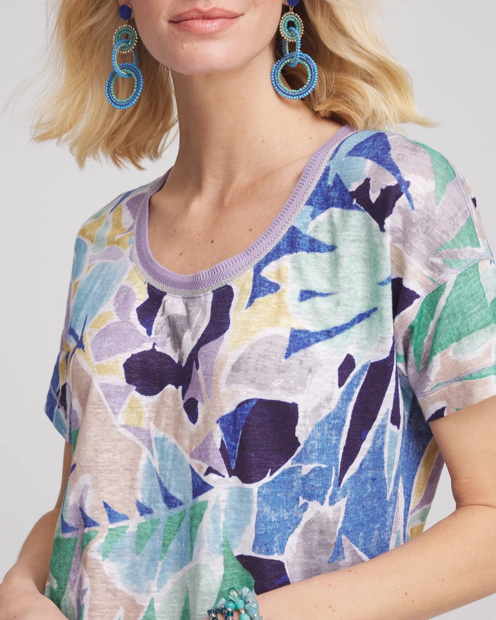 Tropical Nights Sweater-Trim Linen Tee Blue Casa - Chico's