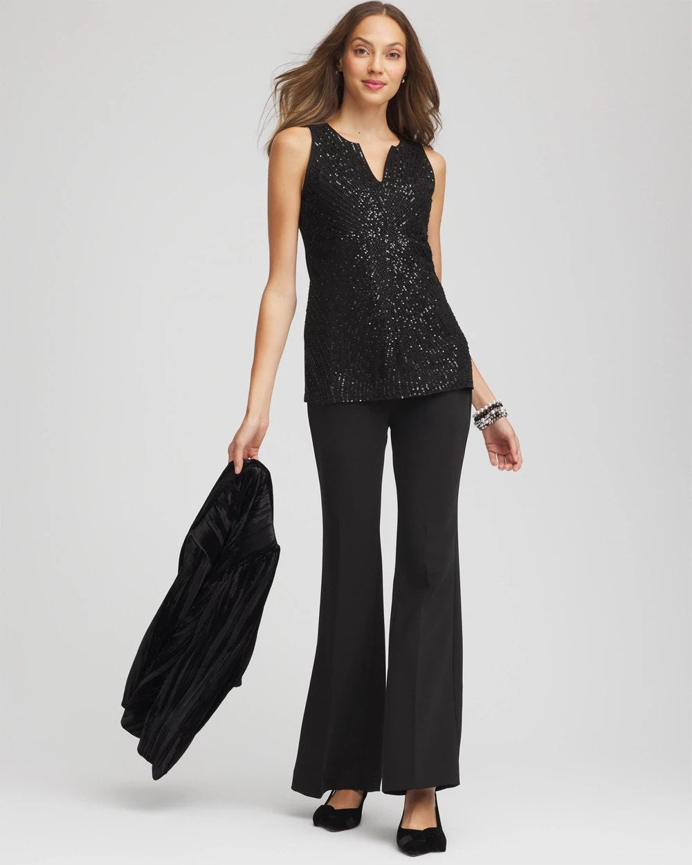 Sequin Beaded Notch Neck Tank Black - Chico's