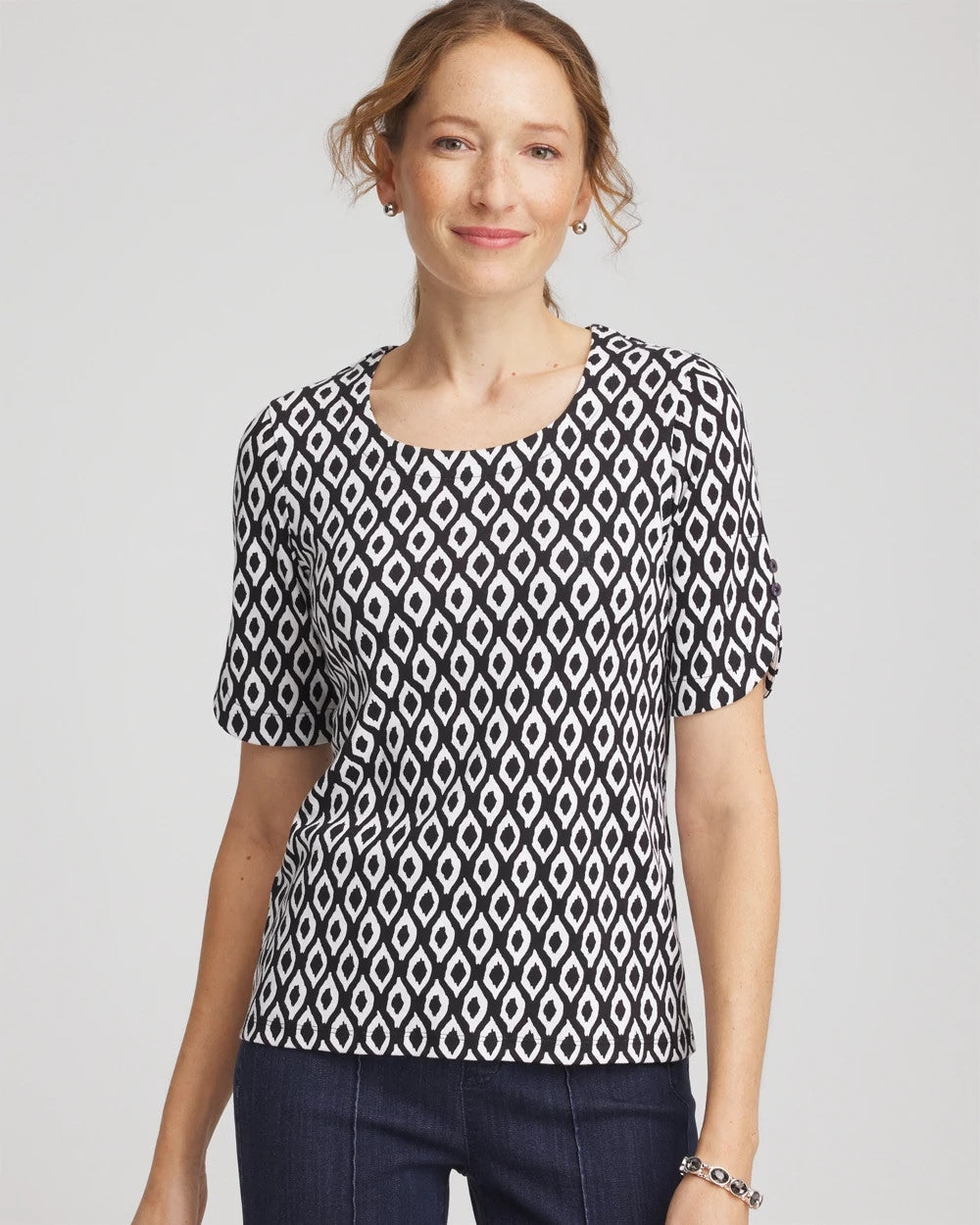 Printed Pima Elbow Sleeve Tee Black - Chico's