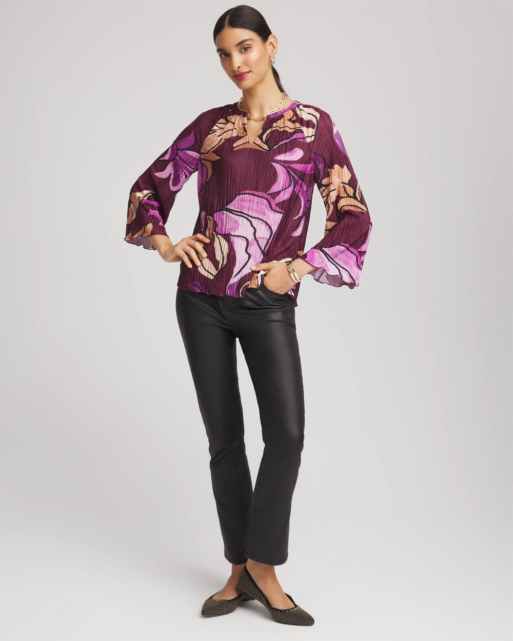 Printed Pleated V-Neck Tee Deep Chianti - Chico's
