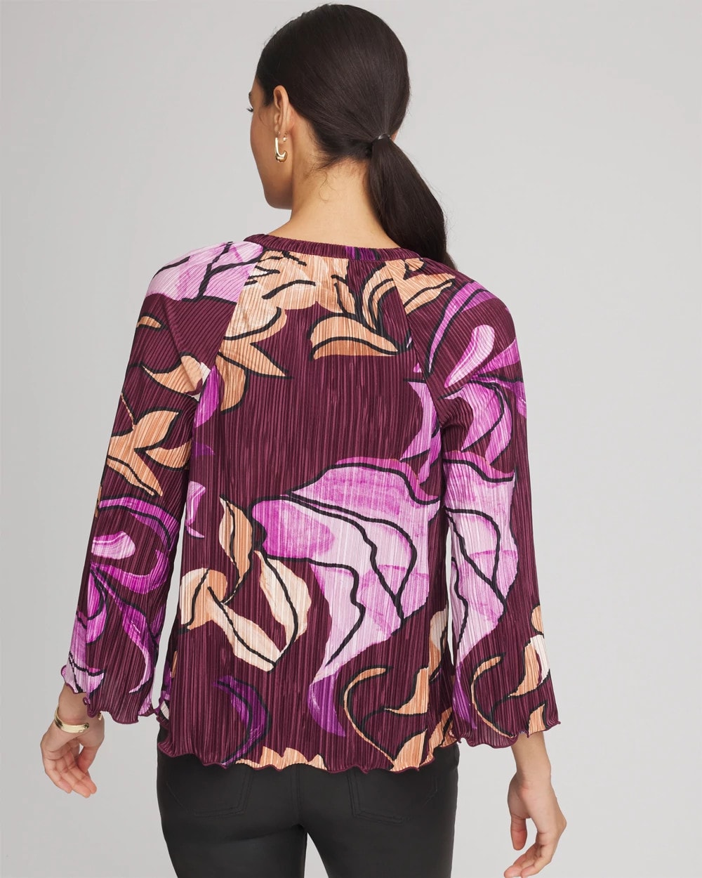 Printed Pleated V-Neck Tee Deep Chianti - Chico's