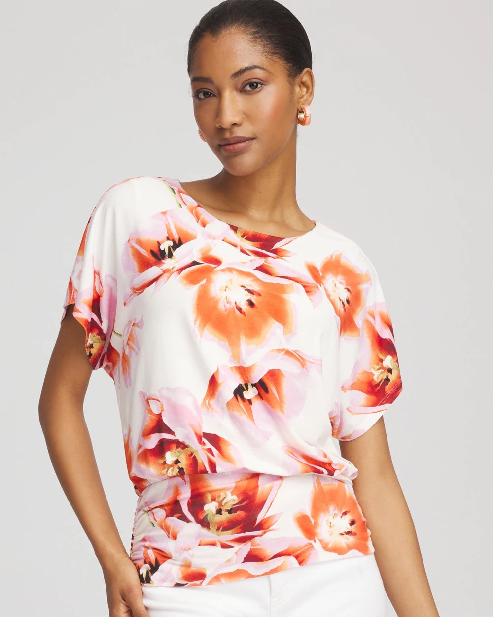 Touch of Cool™ Tropical Ruched Banded Hem Top Orange Tango - Chico's