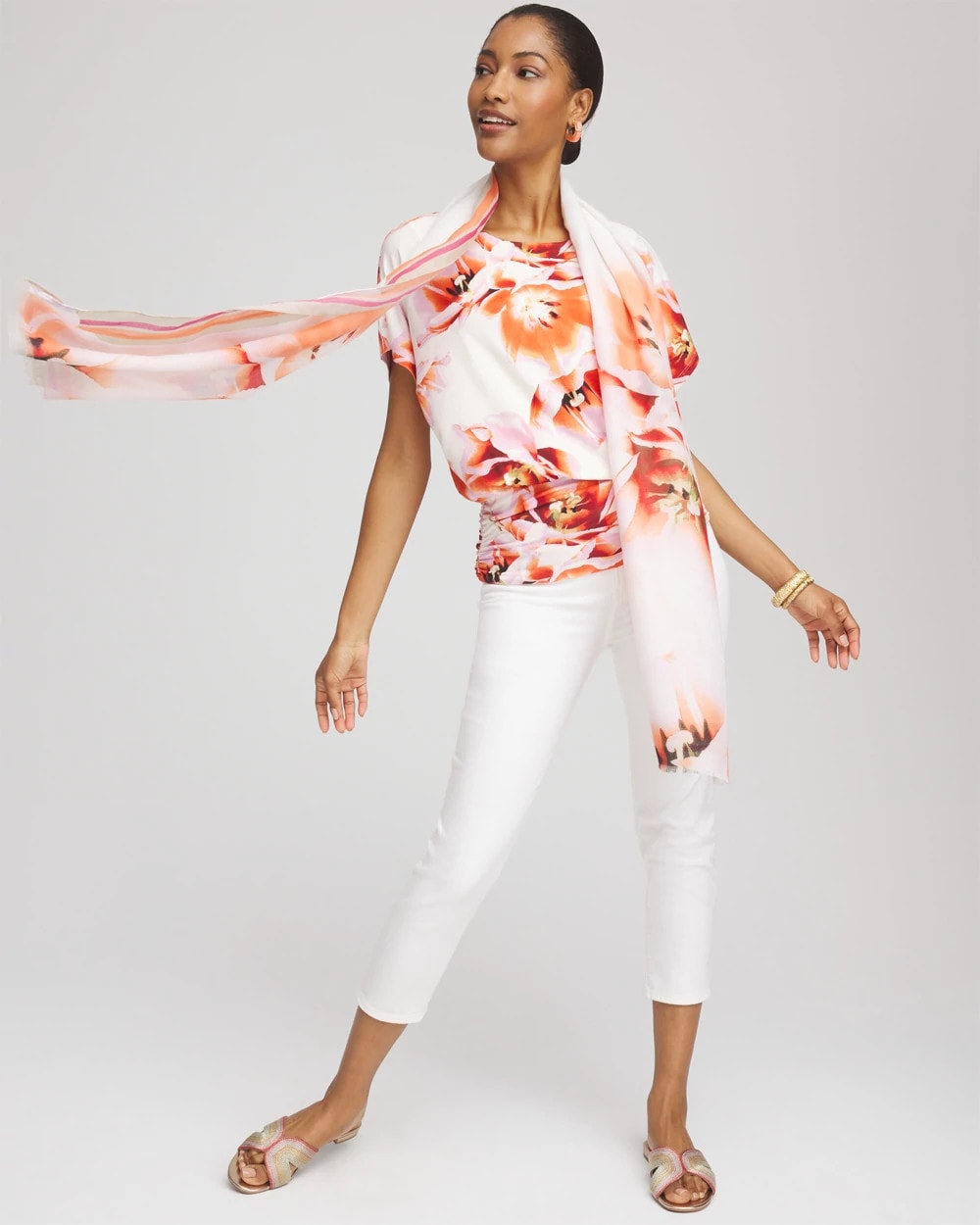 Touch of Cool™ Tropical Ruched Banded Hem Top Orange Tango - Chico's
