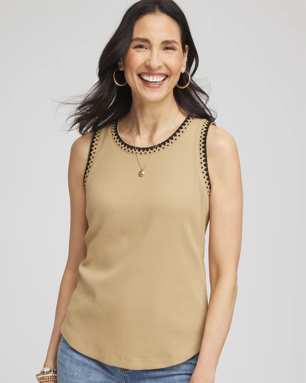 Contrast-Trim Ribbed Cotton Tank Top Cafe Aroma - Chico's