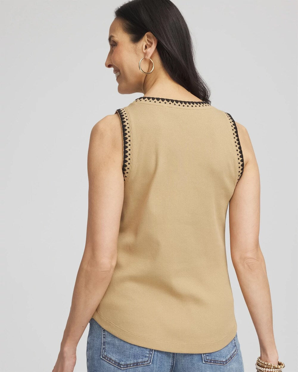 Contrast-Trim Ribbed Cotton Tank Top Cafe Aroma - Chico's