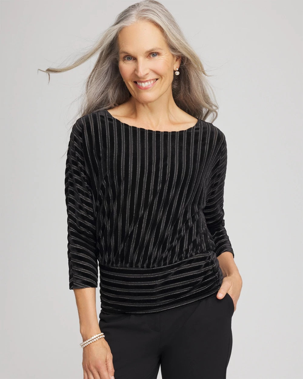 Velvet Burnout Stripe Banded-Bottom Top Black - Chico's