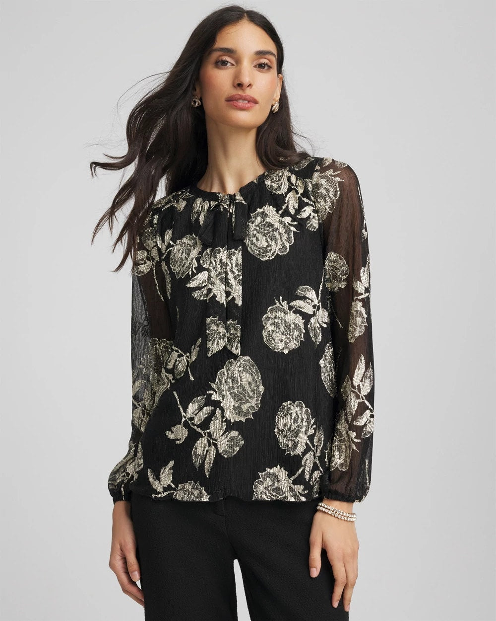Floral Metallic Bodre Top Black - Chico's