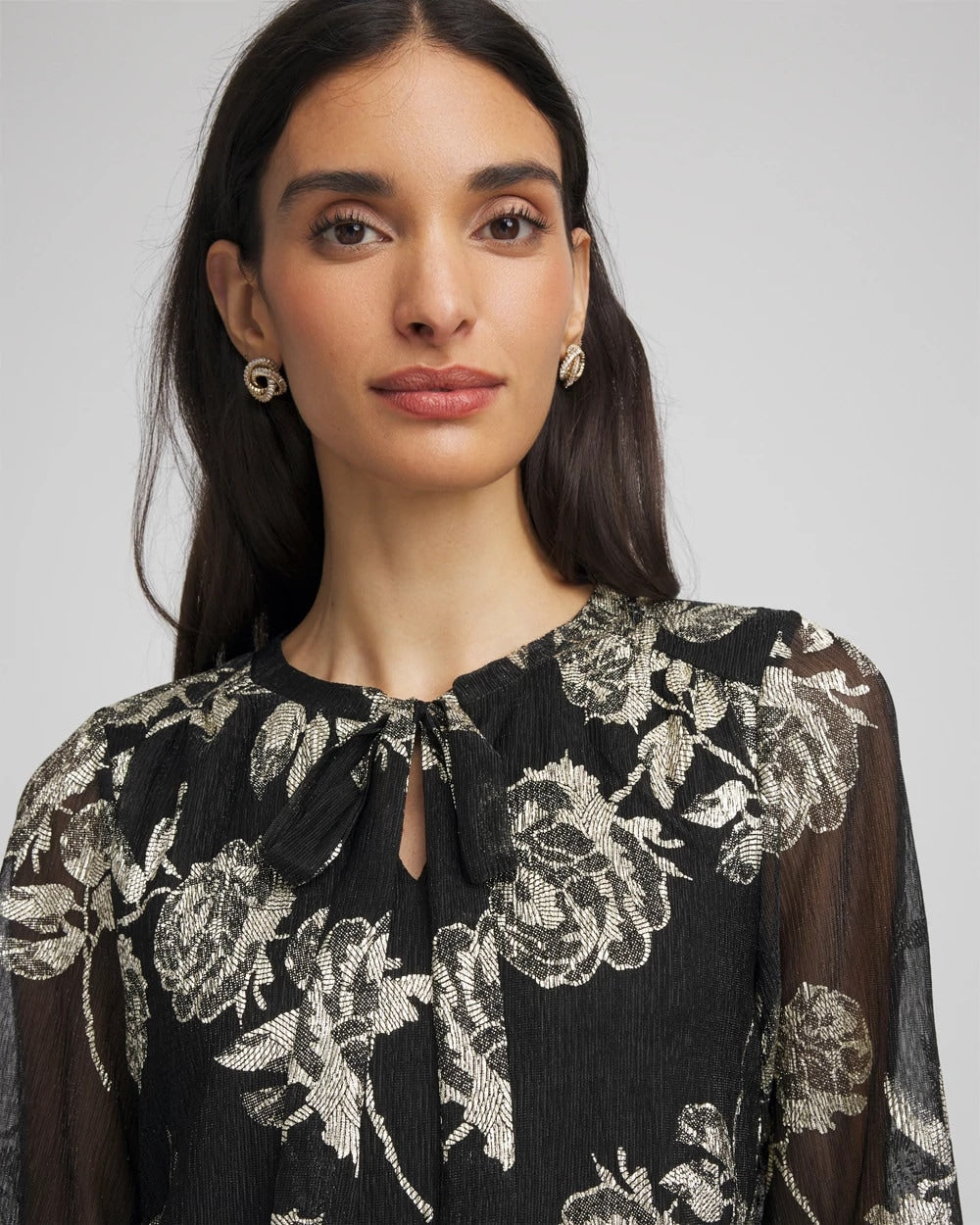Floral Metallic Bodre Top Black - Chico's