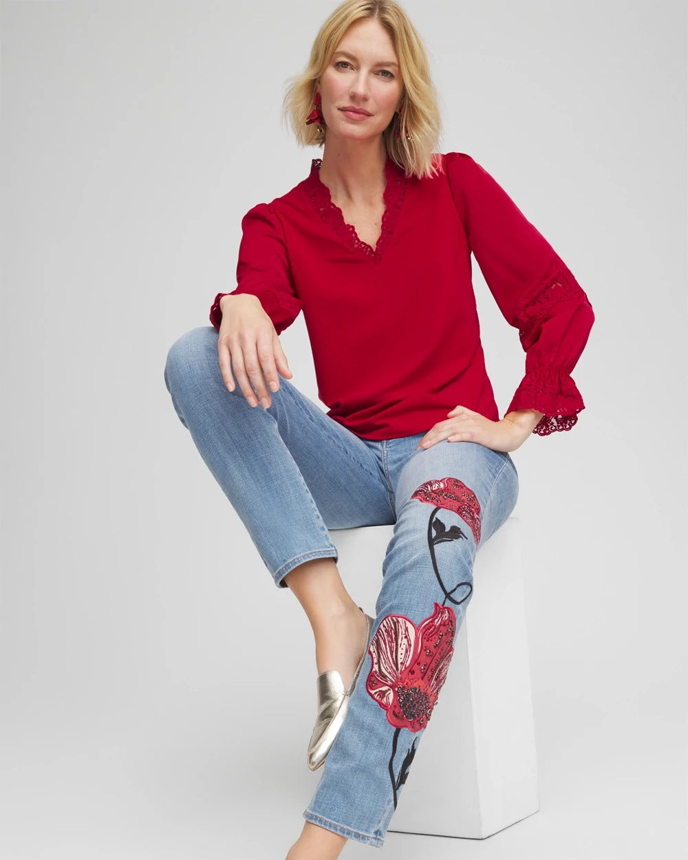 Lace V-Neck Top Carmine Red - Chico's