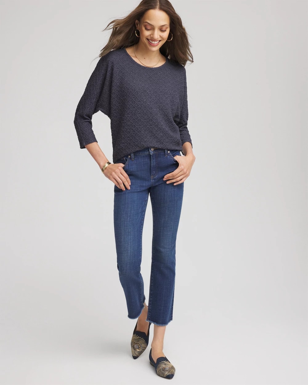 Textured Denim-Motif Tapered-Hem Top Denim - Chico's