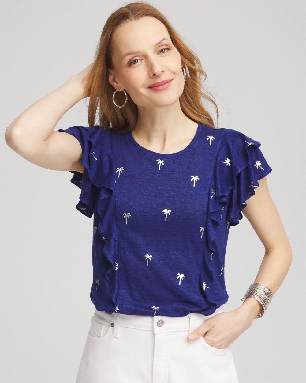 Foiled Flutter-Sleeve Linen Tee Blue Casa - Chico's