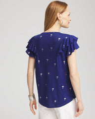 Foiled Flutter-Sleeve Linen Tee Blue Casa - Chico's