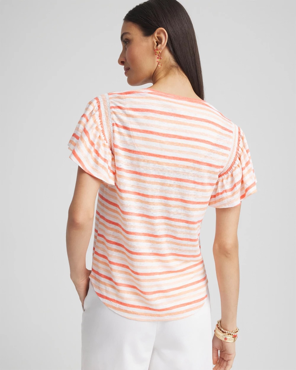 Striped Linen Smocked Flutter-Sleeved Tee Melon Mambo - Chico's