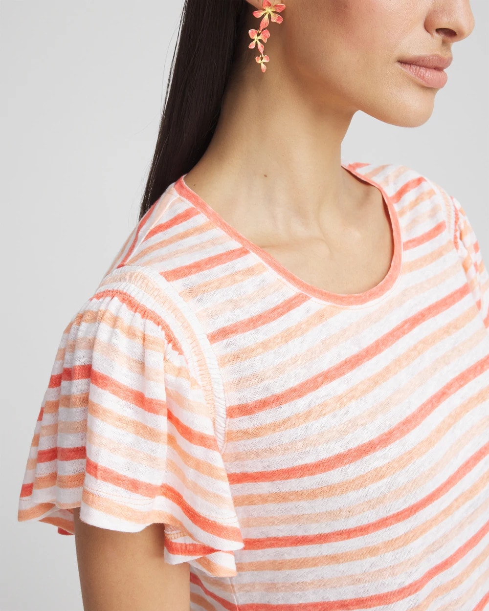 Striped Linen Smocked Flutter-Sleeved Tee Melon Mambo - Chico's