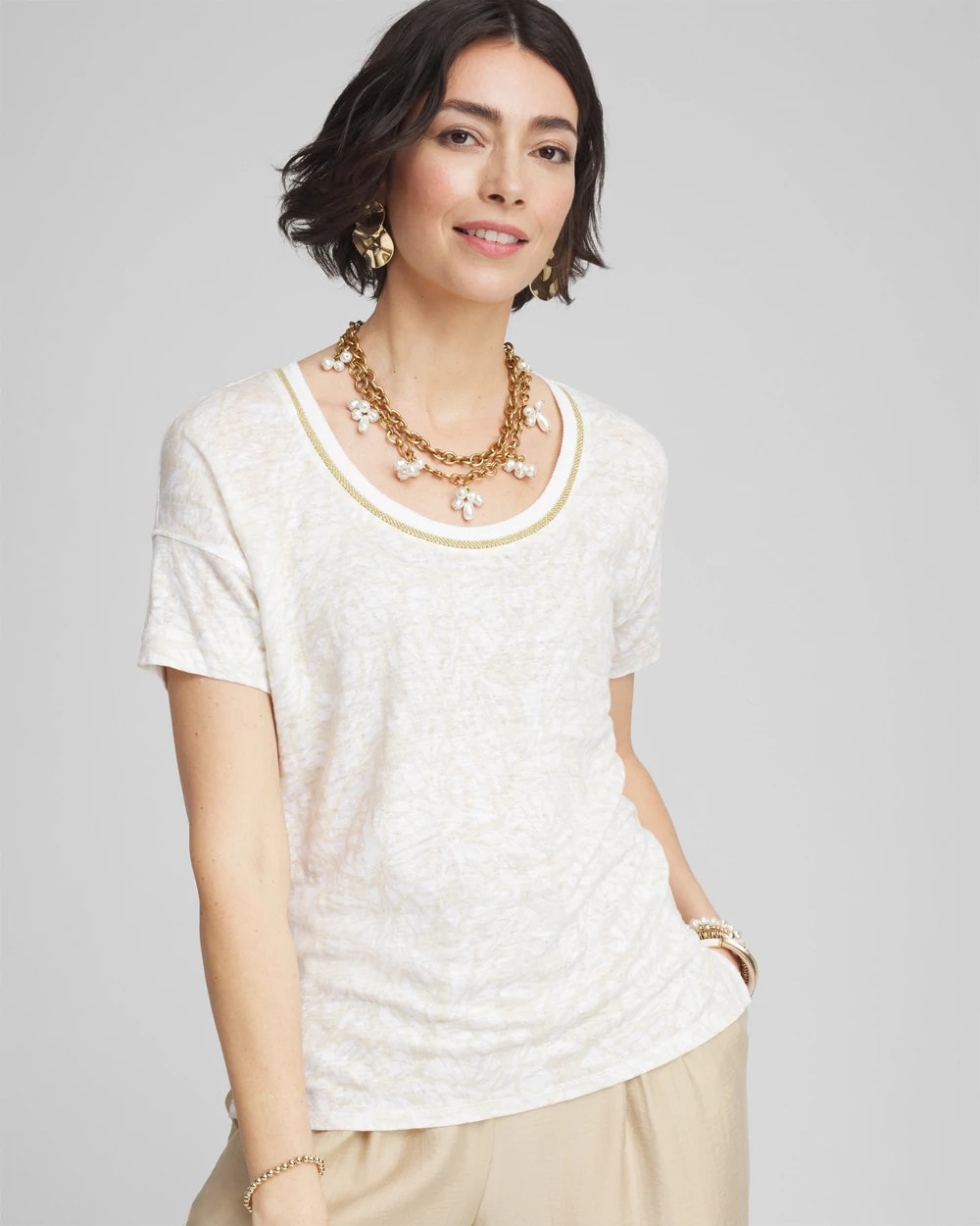 Printed Sweater Trim Linen Tee River Rock - Chico's