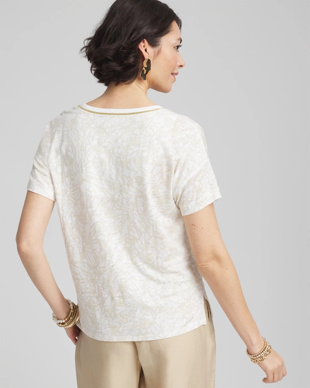 Printed Sweater Trim Linen Tee River Rock - Chico's