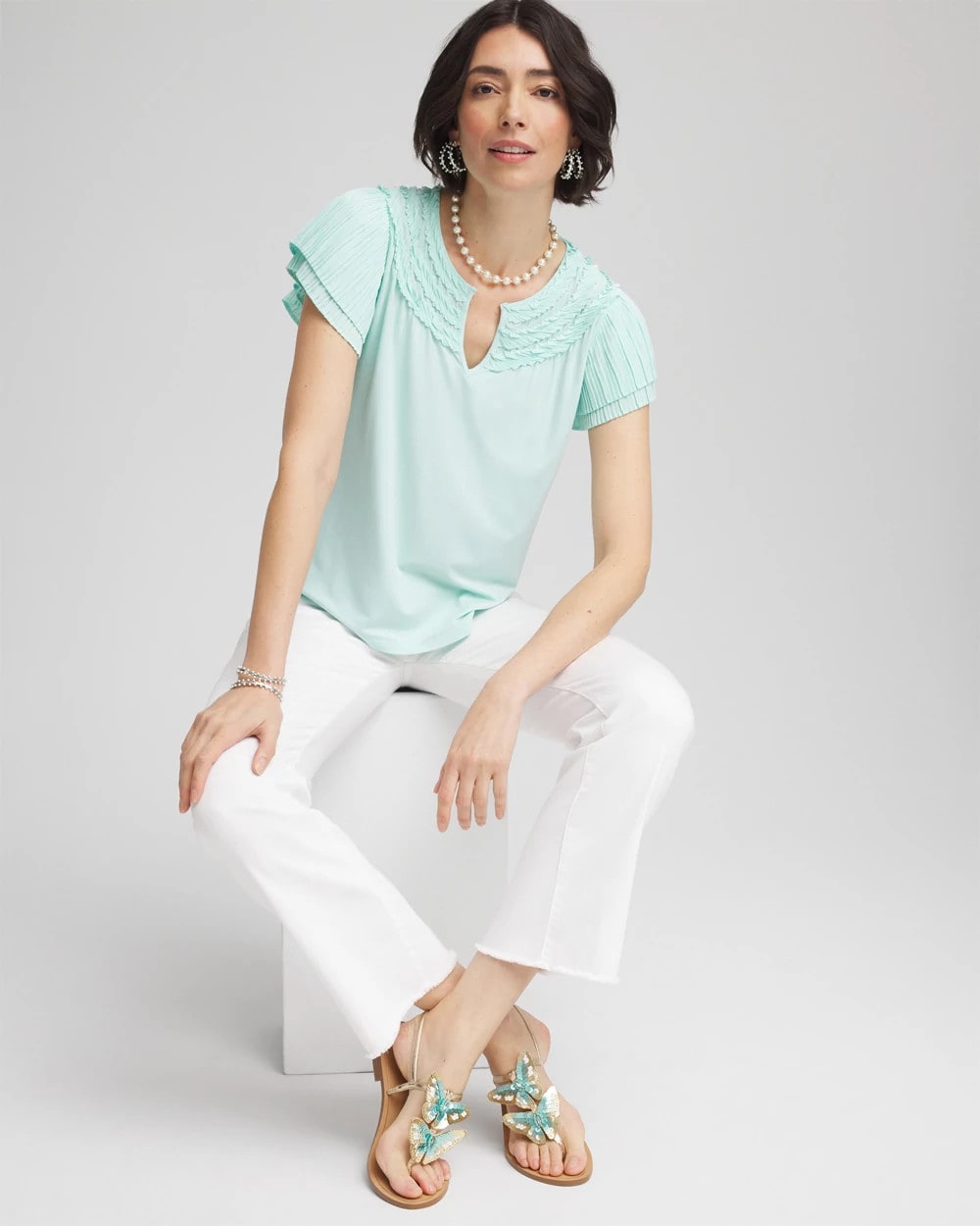 Touch of Cool™ Layered Pleated Flutter Tee Teal Waters - Chico's