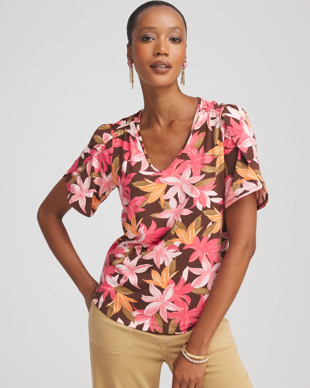 Floral Petal-Sleeve Voop Neck Tee Cacao - Chico's
