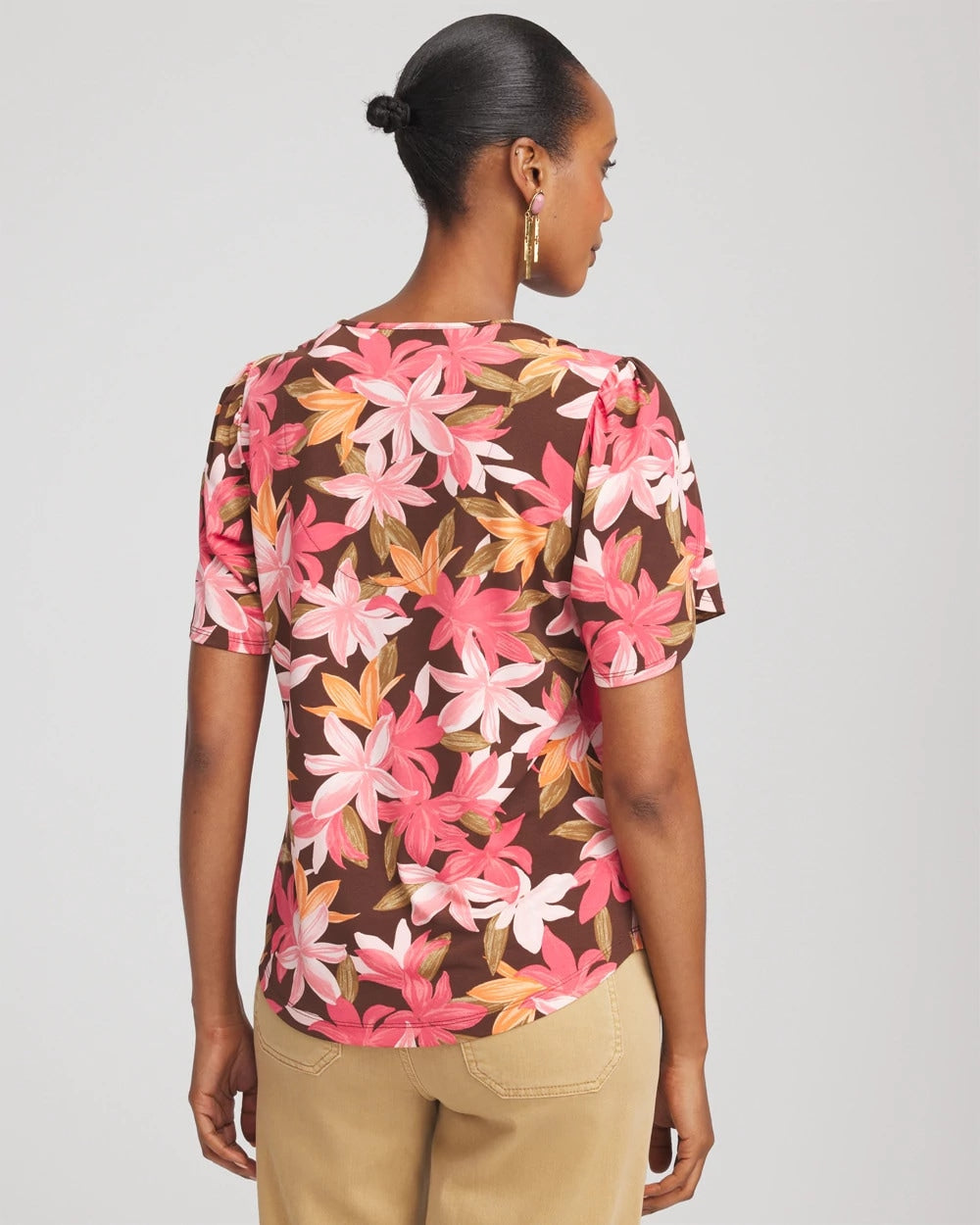 Floral Petal-Sleeve Voop Neck Tee Cacao - Chico's