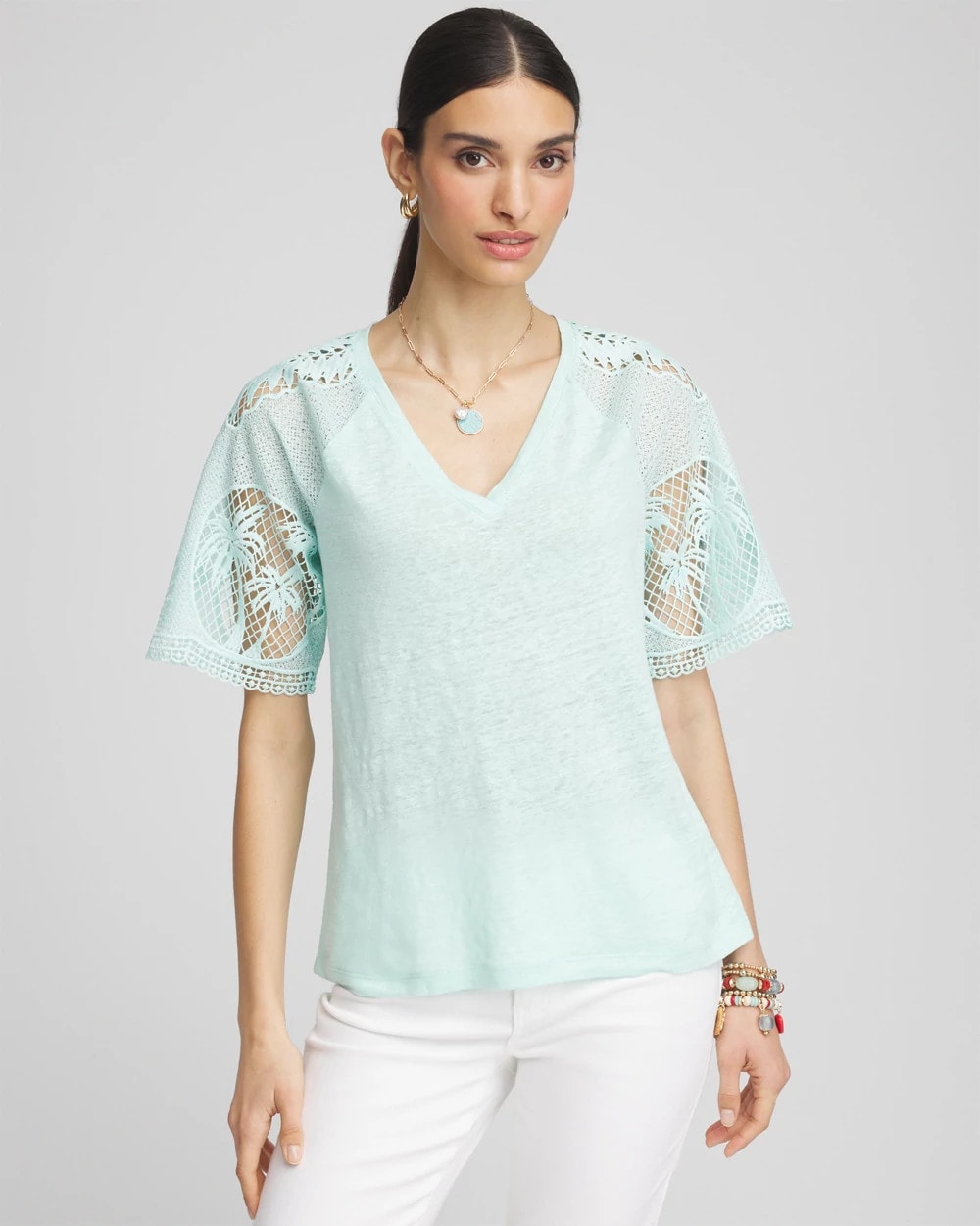 Linen Crochet Lace Short Sleeve Tee Teal Waters - Chico's