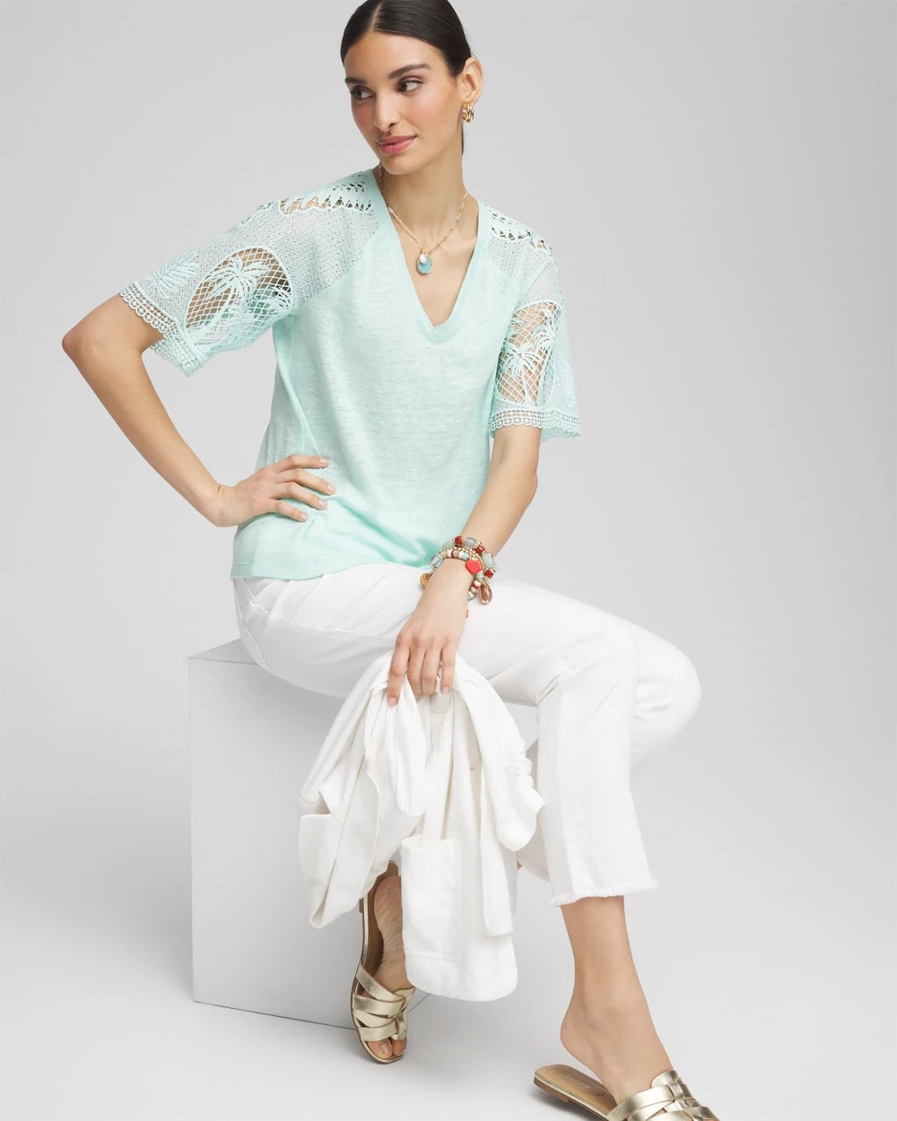 Linen Crochet Lace Short Sleeve Tee Teal Waters - Chico's