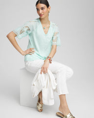 Linen Crochet Lace Short Sleeve Tee Teal Waters - Chico's