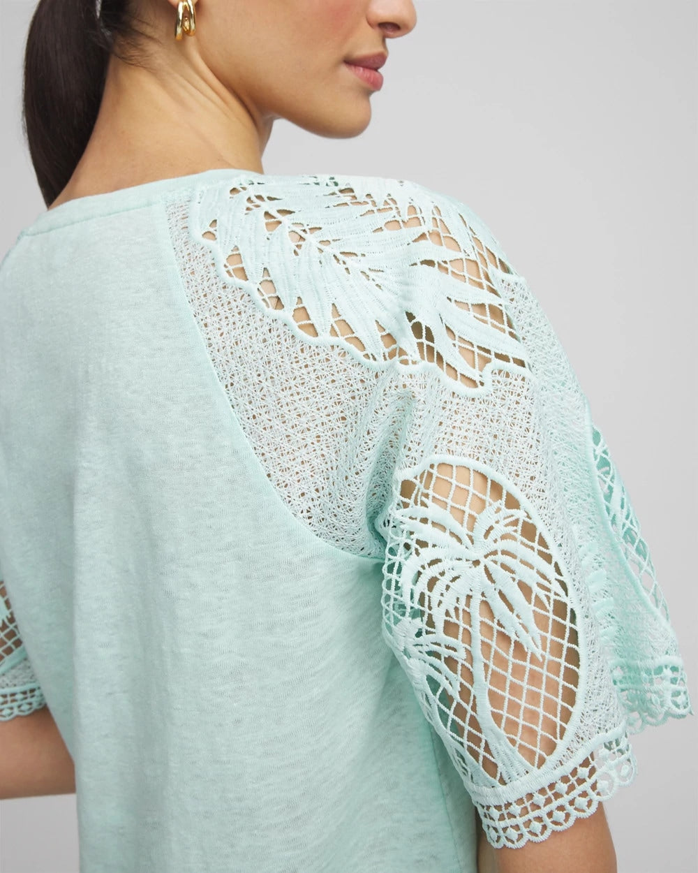 Linen Crochet Lace Short Sleeve Tee Teal Waters - Chico's