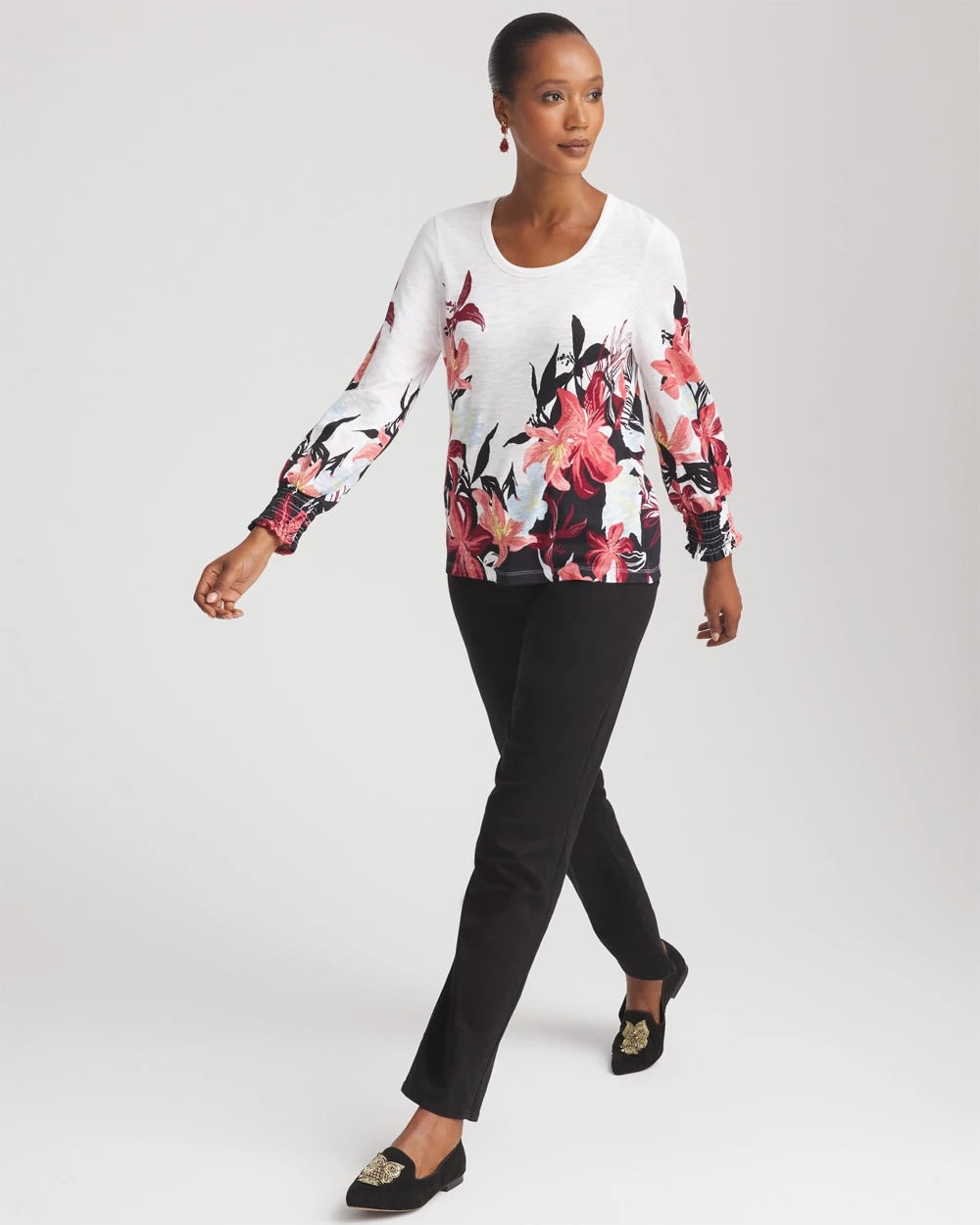 Floral-Motif Smocked Cotton-Slub Tee Alabaster - Chico's