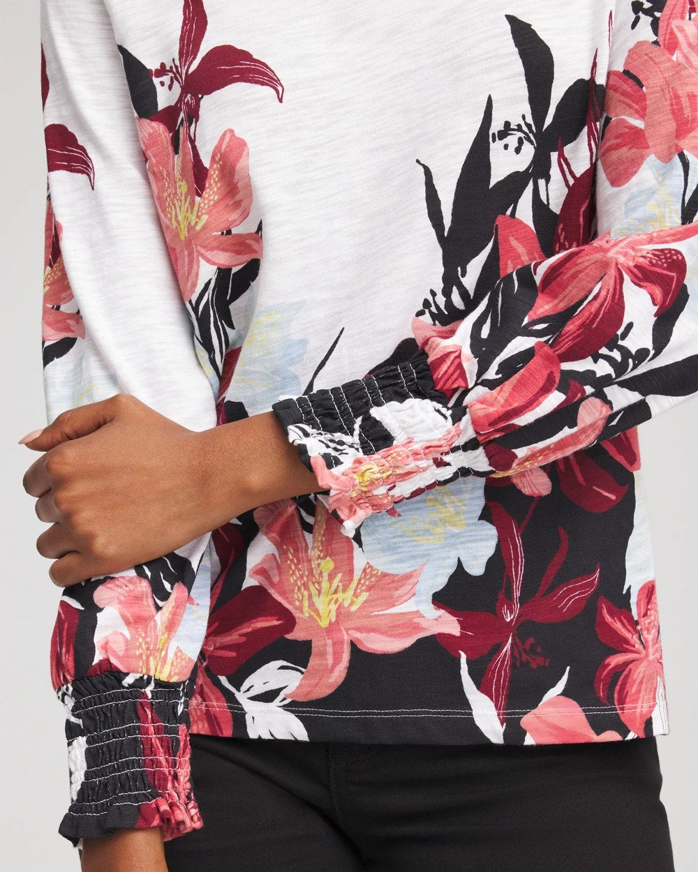 Floral-Motif Smocked Cotton-Slub Tee Alabaster - Chico's