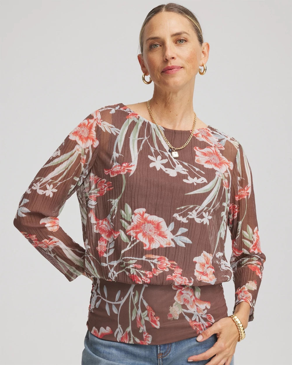 Textured Banded-Hem Top Dried Mushroom - Chico's
