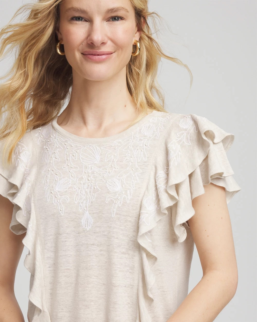 Embroidered Flutter-Sleeve Tee River Rock - Chico's
